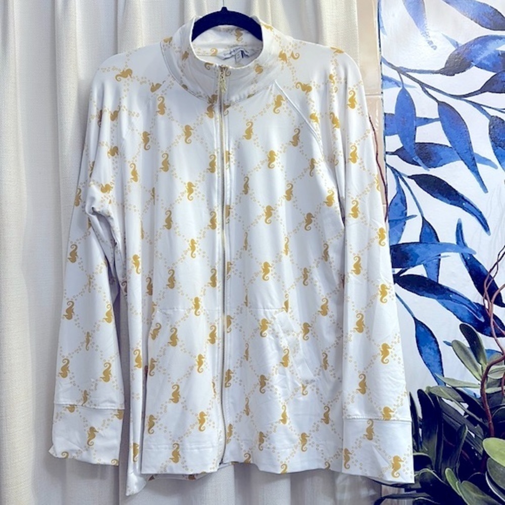Sunsets and Sweet Tea Brand Gold Seahorse Print Polyester & Spandex Jacket XL